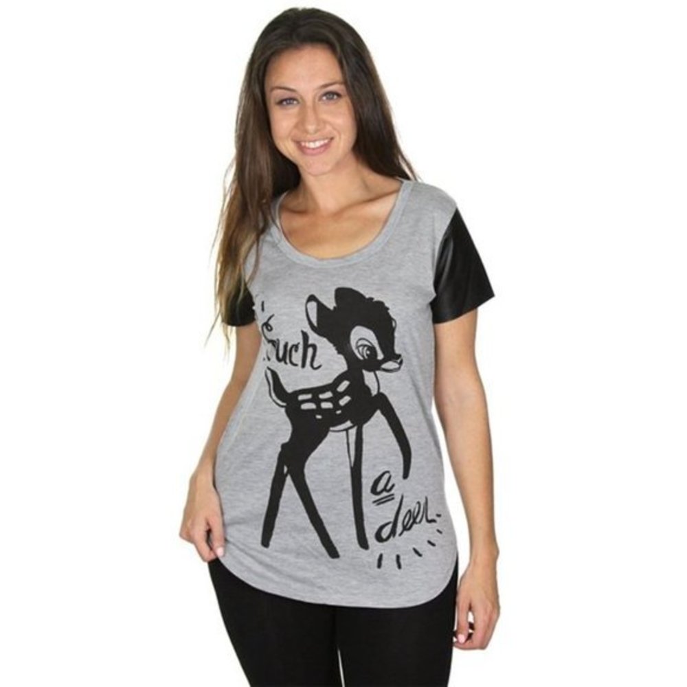 Disney Women's Juniors Bambi Such A Deer Faux Leather Sleeve Graphic T-shirt MD